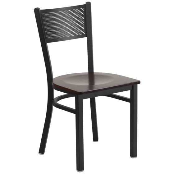 HUSKY Seating 500 LB Black Metal Restaurant Chair with Grid Back Design & Wood Seat-Walnut