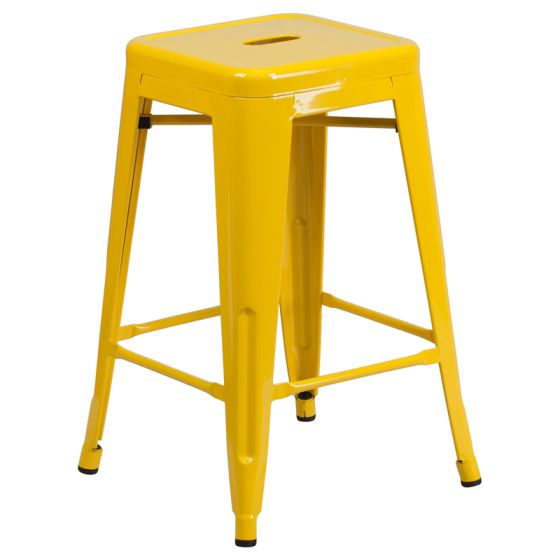 HUSKY Seating 500 LB Counter Height 24" Indoor-Outdoor Stacking Metal Bar Stool with Square Seat-Yellow