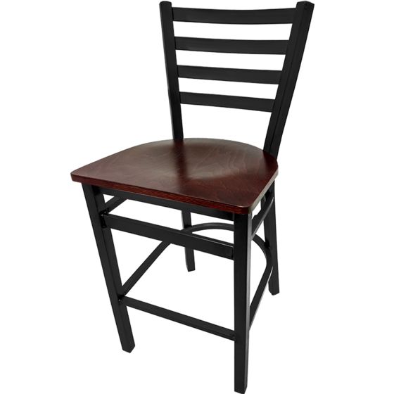Heavy Duty 300 LB XL Ladderback Metal Frame Restaurant Bar Stool with Mahogany Stain Wood Seat