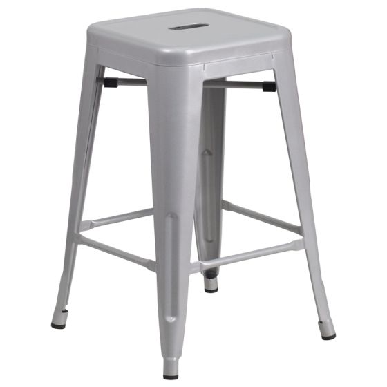 HUSKY Seating 500 LB Counter Height 24" Indoor-Outdoor Stacking Metal Bar Stool with Square Seat-Silver