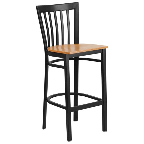 HUSKY Seating Heavy Duty 500 LB Metal Bar Stool with School House Back & Wood Seat-Natural Wood