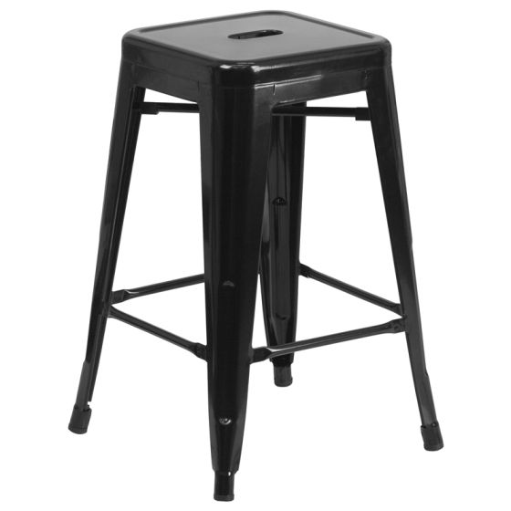 HUSKY Seating 500 LB Counter Height 24" Indoor-Outdoor Stacking Metal Bar Stool with Square Seat-Black