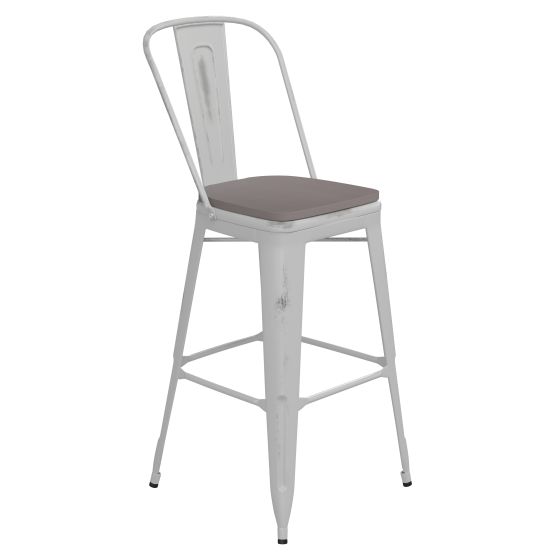 HUSKY Seating 500 LB Commercial Grade 30" High White Metal Indoor-Outdoor Barstool with Back with Gray Poly Resin Wood Seat