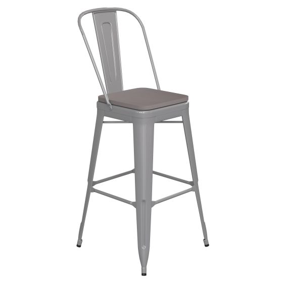 HUSKY Seating 500 LB Commercial Grade 30" High Silver Metal Indoor-Outdoor Bar Height Stool with Removable Back and Gray All-Weather Poly Resin Seat