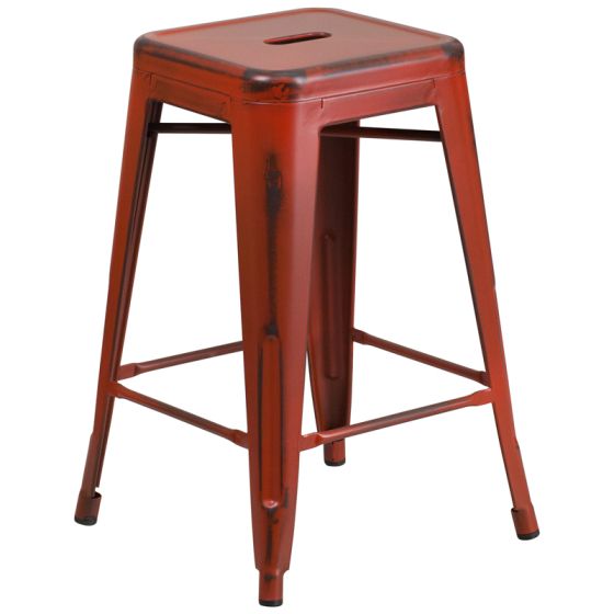 HUSKY Seating 500 LB Distressed Counter Height 24" Indoor-Outdoor Stacking Metal Bar Stool with Square Seat-Red