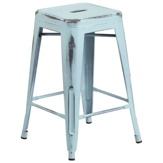 HUSKY Seating 500 LB Distressed Counter Height 24" Indoor-Outdoor Stacking Metal Bar Stool with Square Seat-Dream Blue