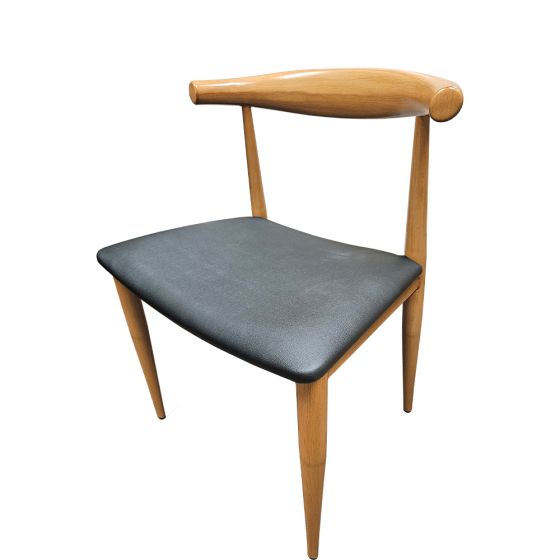 Elbow 300 LB Restaurant Chair with Natural Faux Wood Grain on Metal Frame and Black Vinyl Seat