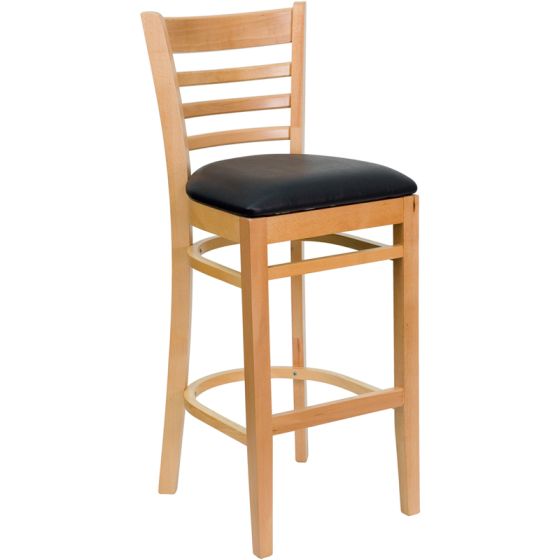 HUSKY Seating 800 LB Natural Finish Wood Bar Stool with Ladder Back & Padded Vinyl Seat-Black