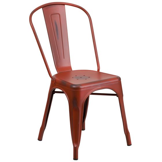 HUSKY Seating 500 LB Distressed Bistro Style Metal Indoor-Outdoor Stackable Chair-Red