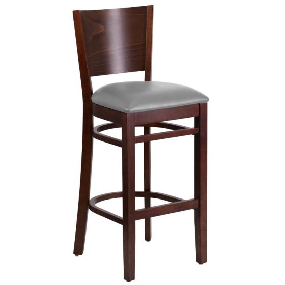 HUSKY Seating 800 LB Solid Back Walnut Finish Wooden Restaurant Bar Stool with Vinyl Seat- Custom Vinyl