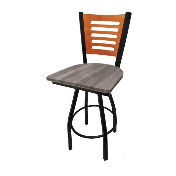 5 Line Wood Back Swivel 300 LB Counter Height Stool, Cherry Back, Barnwood Seat