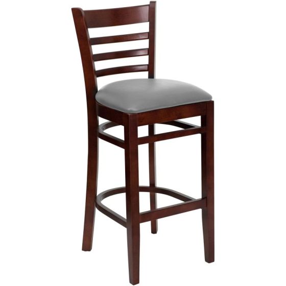 HUSKY Seating 800 LB Mahogany Finish Wood Bar Stool with Ladder Back & Padded Custom Vinyl Seat