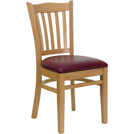 HUSKY Seating Vertical Back Wood 800 LB Restaurant Chair with Natural Finish & Vinyl Seat-Burgundy