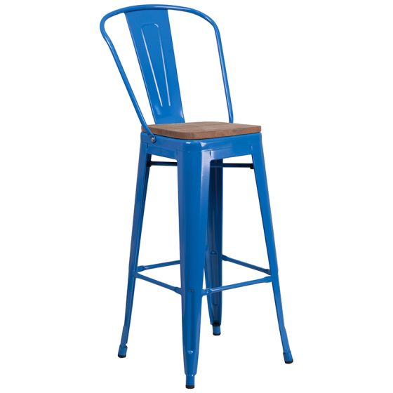 HUSKY Seating 500 LB 30" High Blue Metal Barstool with Back and Wood Seat