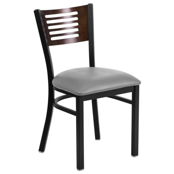 HUSKY Seating 500 LB Black Slat Back Metal Restaurant Chair - Walnut Wood Back, Custom Vinyl Seat