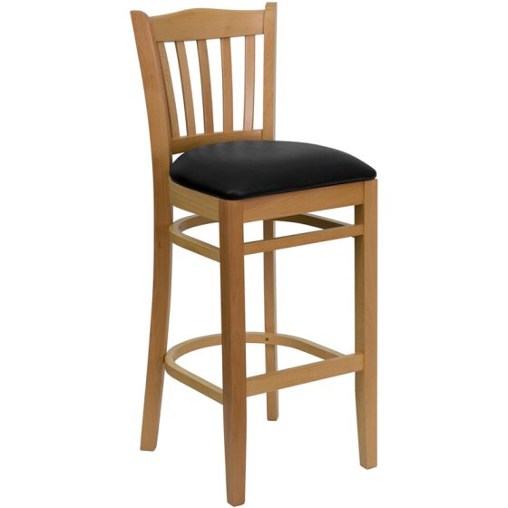 HUSKY Seating 800 LB Natural Finish Vertical Slat Back Wooden Restaurant Bar Stool with Vinyl Seat-Black