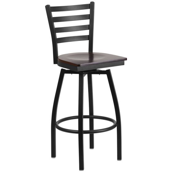 HUSKY Seating Heavy Duty 500 LB Black Metal Restaurant Bar Height Stool with Ladder Back & Swivel Wood Seat - Walnut