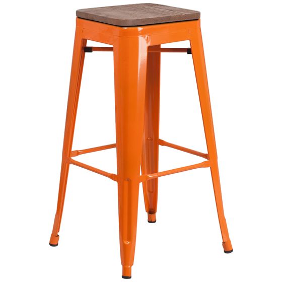 HUSKY Seating 500 LB 30" High Backless Orange Metal Barstool with Square Wood Seat