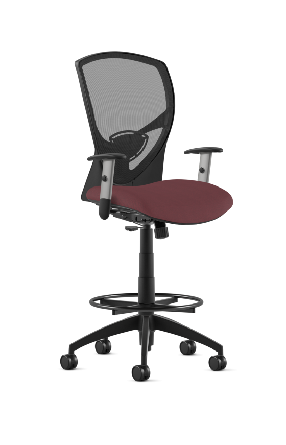 9to5 Seating Theory Mid-Back 300 LB Bar Height Office Stool, Mesh Back, Upholstered Seat, Simple Synchro Control, Silver Four-Way Adjustable Arms