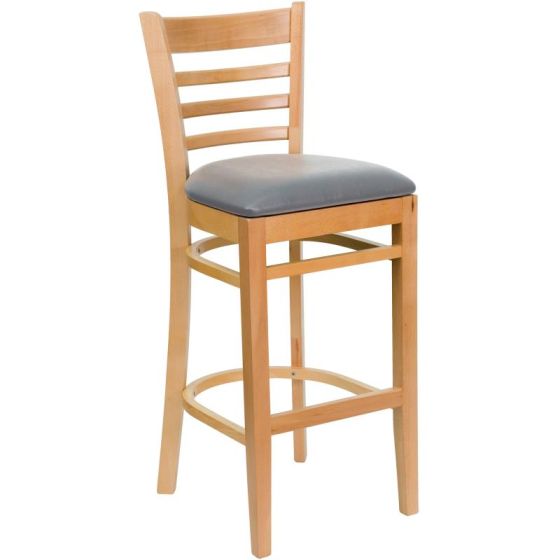 HUSKY Seating 800 LB Natural Finish Wood Bar Stool with Ladder Back & Padded Custom Vinyl Seat