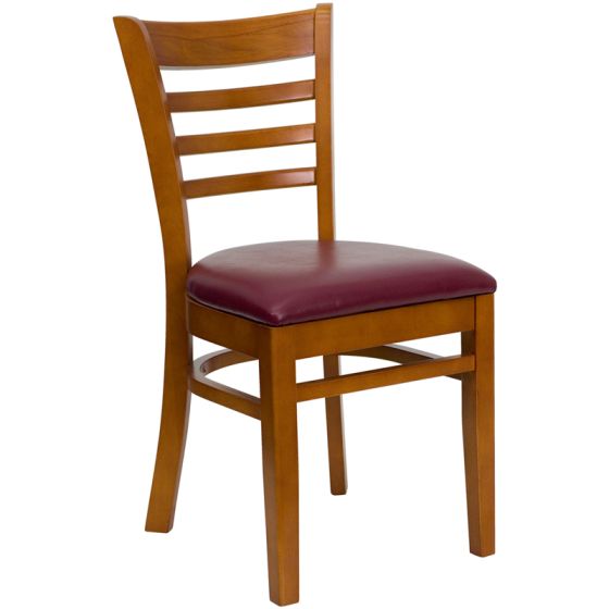 HUSKY Seating Ladder Back Wood 800 LB Restaurant Chair with Cherry Finish & Vinyl Seat-Burgundy