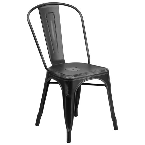 HUSKY Seating 500 LB Distressed Bistro Style Metal Indoor-Outdoor Stackable Chair-Black