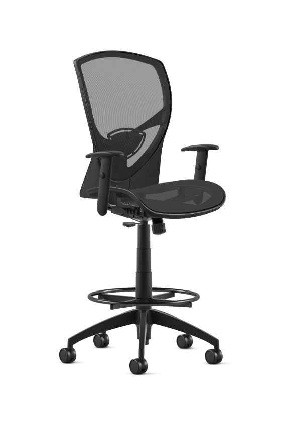 9to5 Seating Theory All Mesh Mid-Back 300 LB Bar Height Office Stool, Simple Synchro Control, Black Four-Way Adjustable Arms