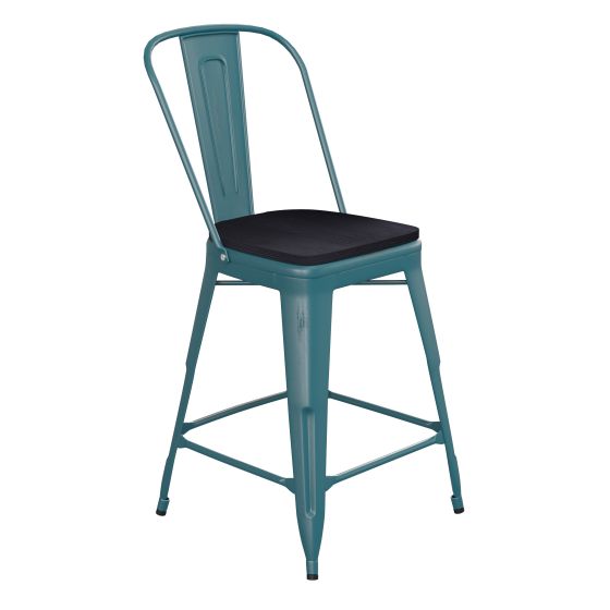 HUSKY Seating 500 LB Distressed Finish 24" High Kelly Blue-Teal Metal Indoor-Outdoor Counter Height Stool with Back with Black Poly Resin Wood Seat