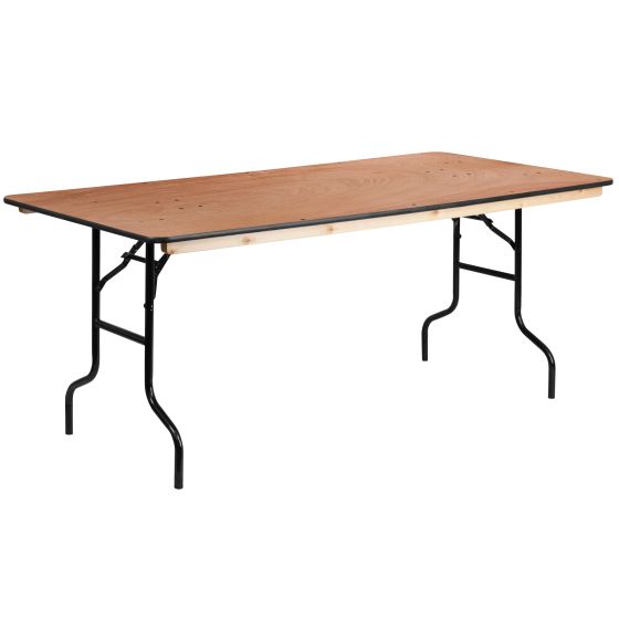 MULE Seating™ 6-Foot Rectangular Wood Folding Banquet Table with Clear Coated Finished Top - 36" W x 72" L