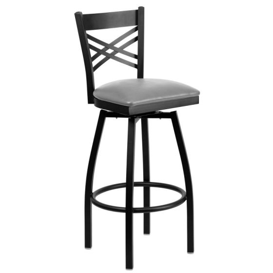 HUSKY Seating Heavy Duty 500 LB Black Metal Restaurant Bar Height Stool with X-Back & Swivel Seat - Custom Vinyl