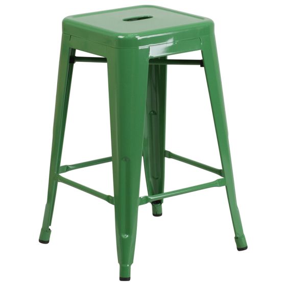 HUSKY Seating 500 LB Counter Height 24" Indoor-Outdoor Stacking Metal Bar Stool with Square Seat-Green