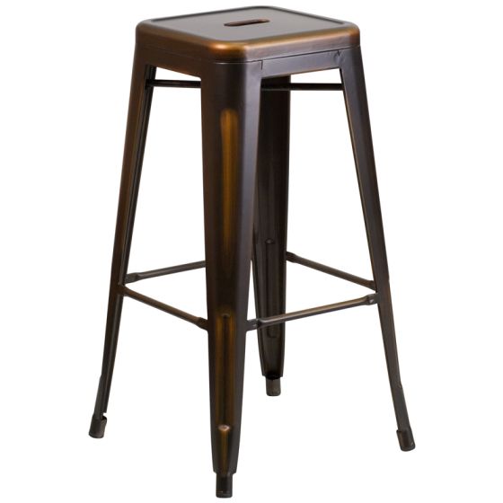 HUSKY Seating 500 LB Distressed 30" Indoor-Outdoor Stacking Metal Bar Stool with Square Seat-Copper