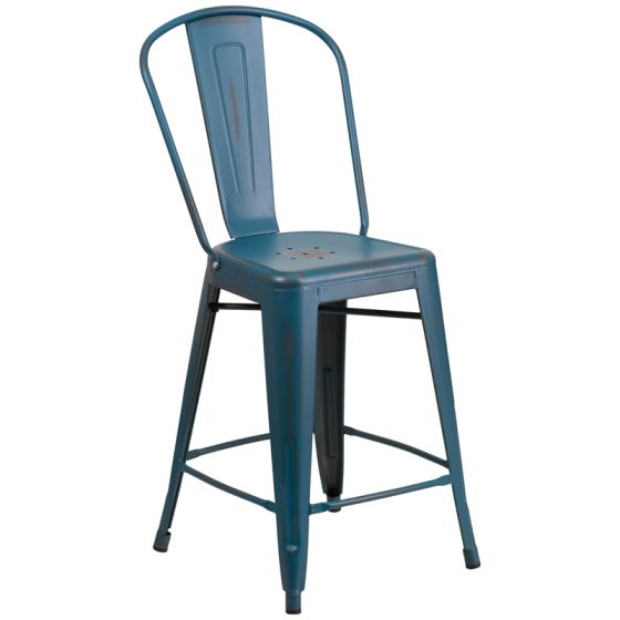 HUSKY Seating 500 LB Distressed Finish Counter Height 24" Indoor-Outdoor Metal Bar Stool-Teal