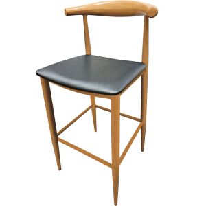 Elbow 300 LB Restaurant Bar Stool with Natural Faux Wood Grain on Metal Frame and Black Vinyl Seat