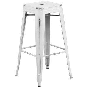 HUSKY Seating 500 LB Distressed 30" Indoor-Outdoor Stacking Metal Bar Stool with Square Seat-White