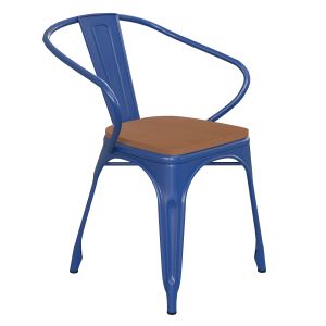 HUSKY Seating 500 LB Commercial Grade Blue Metal Indoor-Outdoor Chair with Arms with Teak Poly Resin Wood Seat