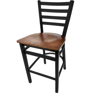 Heavy Duty 300 LB XL Ladderback Metal Frame Restaurant Bar Stool with Walnut Stain Wood Seat