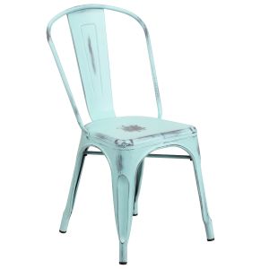 HUSKY Seating 500 LB Distressed Bistro Style Metal Indoor-Outdoor Stackable Chair-Green-Blue