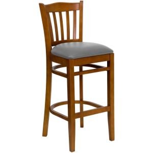 HUSKY Seating 800 LB Cherry Finish Vertical Slat Back Wooden Restaurant Bar Stool with Custom Vinyl Seat