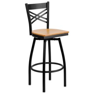 HUSKY Seating Heavy Duty 500 LB Black Metal Restaurant Bar Height Stool with X-Back & Swivel Wood Seat - Natural