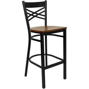 HUSKY Seating 500 LB X-Back Black Metal Restaurant Bar Height Stool with Cherry Wood Seat