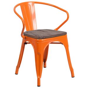 HUSKY Seating 500 LB Orange Metal Chair with Wood Seat and Arms