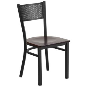 HUSKY Seating 500 LB Black Metal Restaurant Chair with Grid Back Design & Wood Seat-Walnut