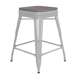 Husky Seating 500 LB Commercial Grade 24" High Backless White Metal Indoor-Outdoor Counter Height Stool with Gray Poly Resin Wood Seat