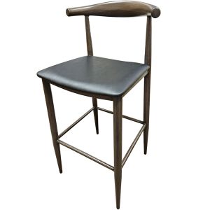 Elbow 300 LB Restaurant Bar Stool with Driftwood Faux Wood Grain on Metal Frame and Black Vinyl Seat