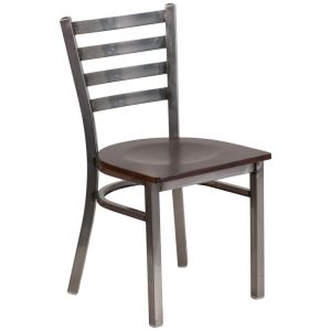 HUSKY Seating 500 LB Clear Coated Metal Ladder Back Restaurant Chair with Wood Seat - Walnut