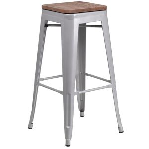 HUSKY Seating 500 LB 30" High Backless Silver Metal Barstool with Square Wood Seat