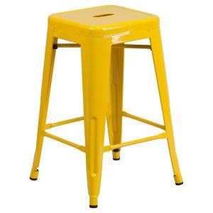 HUSKY Seating 500 LB Counter Height 24" Indoor-Outdoor Stacking Metal Bar Stool with Square Seat-Yellow