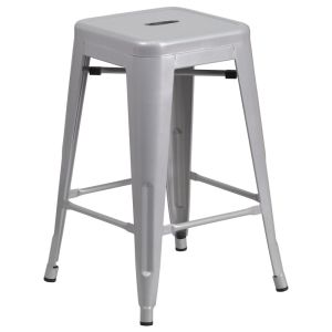 HUSKY Seating 500 LB Counter Height 24" Indoor-Outdoor Stacking Metal Bar Stool with Square Seat-Silver