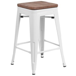 Husky Seating 500 LB 24" High Backless White Metal Counter Height Stool with Square Wood Seat